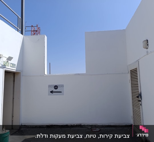 קיר לבן עם שלט וחץ, דלי צבע ירוק על הרצפה